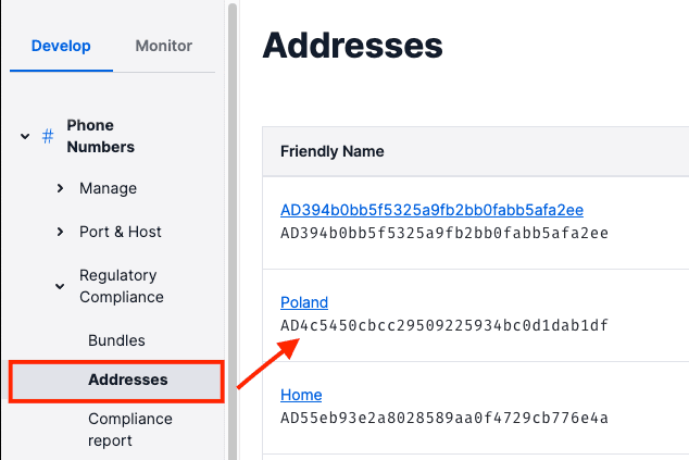 Highlighted Poland address with unique identifier in address management interface.