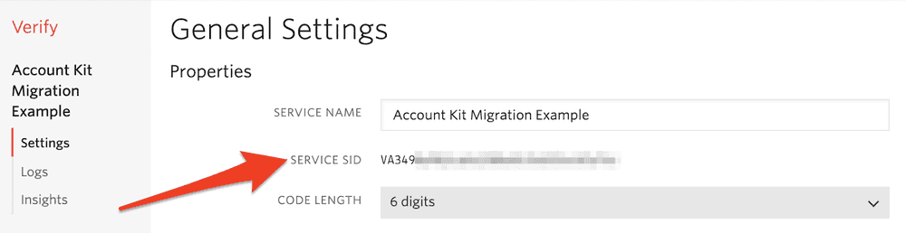 Arrow highlights the Service SID field in Twilio console under General Settings.