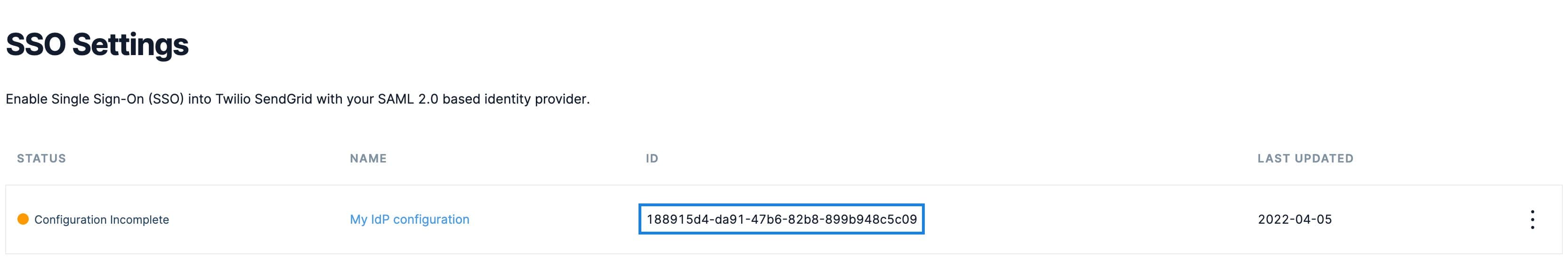 SSO Settings page showing incomplete configuration and integration ID.