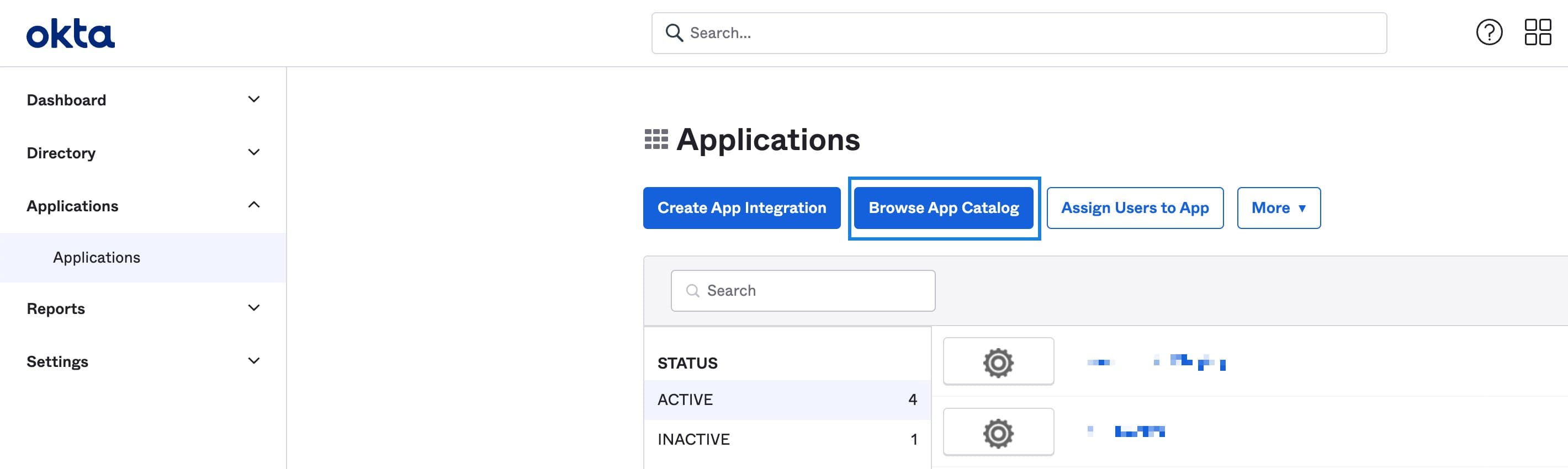 Okta Applications page with options to create app integration and browse app catalog.