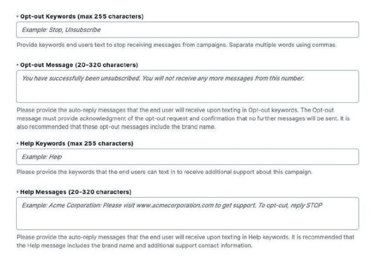 Form fields for opt-out and help keywords and messages with examples and instructions.