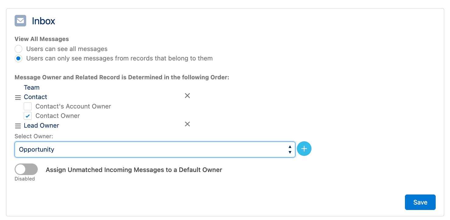 Inbox settings showing message ownership order and contact owner selection.
