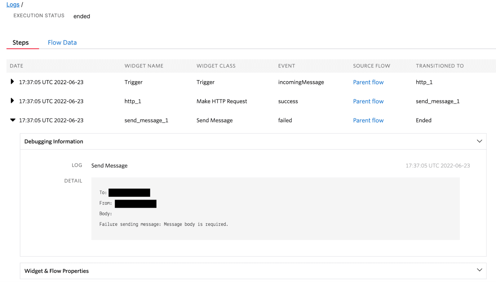 Twilio Studio log showing a failed Send Message event due to missing message body.
