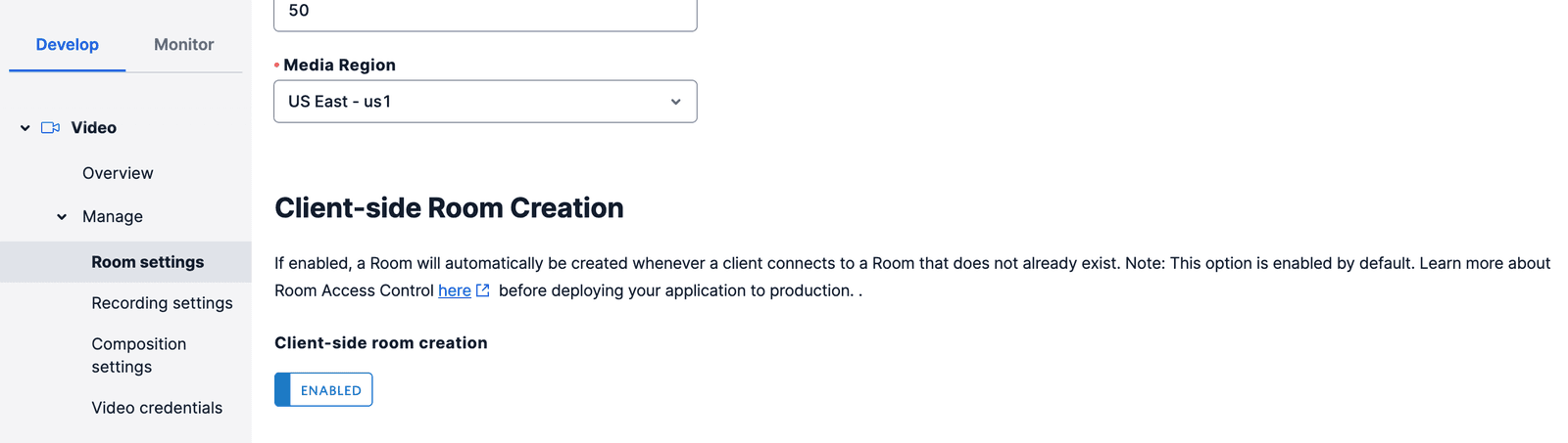 Twilio Console showing client-side room creation enabled in room settings.