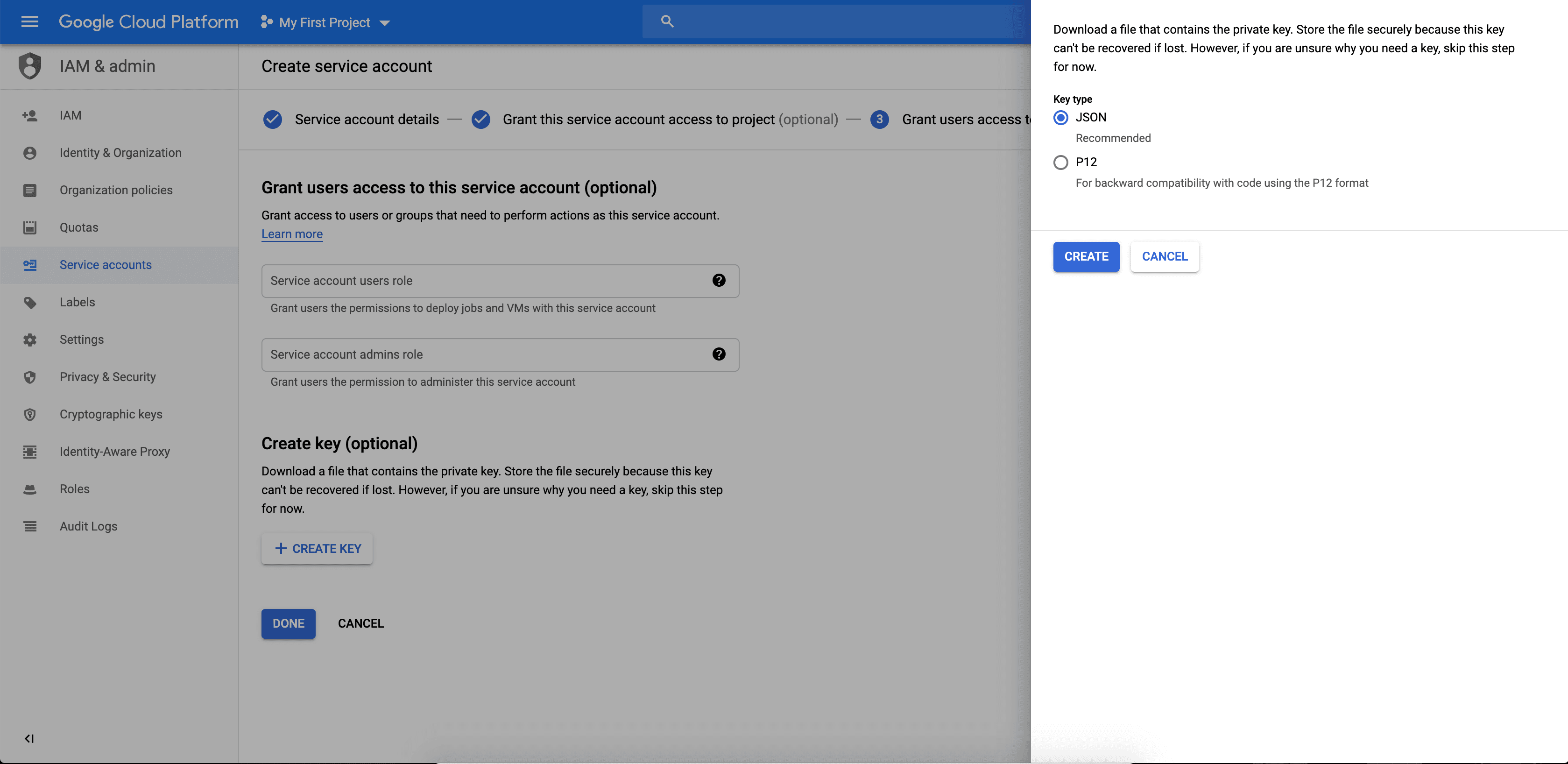 Screenshot of the key download tab, a step in Google Cloud's Create service account setup flow.