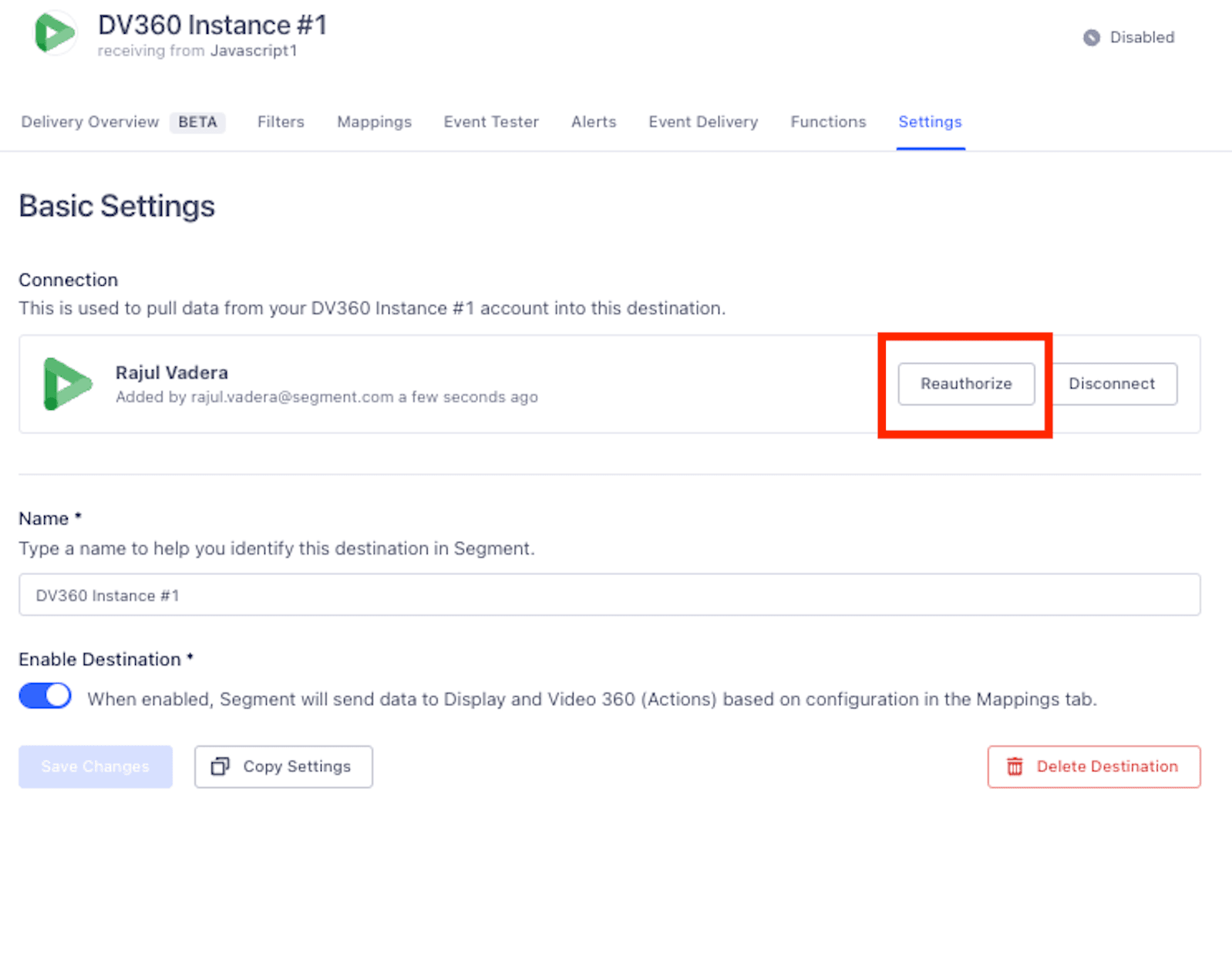The Basic Settings for a DV360 destination, with the reauthorize button highlighted.