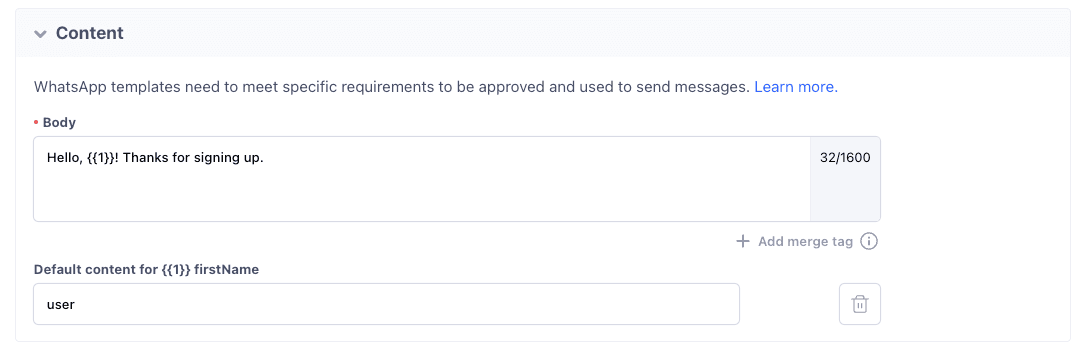 Using merge tags with a WhatsApp message.