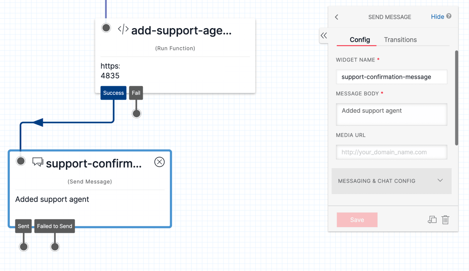 Twilio Studio Tutorial Conversations Send Message widget added to Canvas.