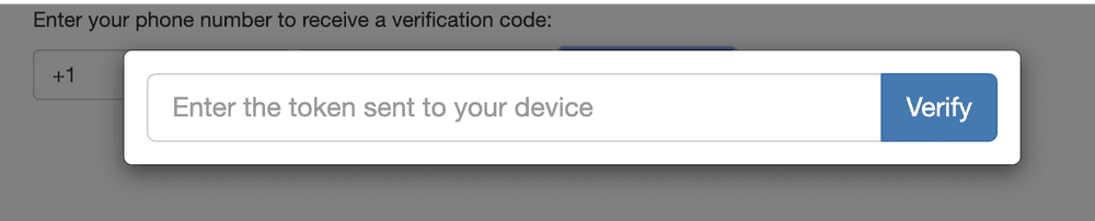 Modal with text field labeled 'Enter the token sent to your device' and a 'Verify' button.