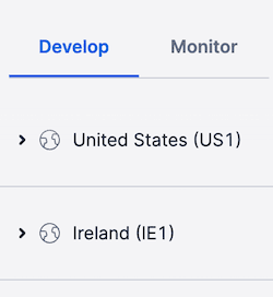 Region selection showing United States (US1) and Ireland (IE1) under Develop tab.