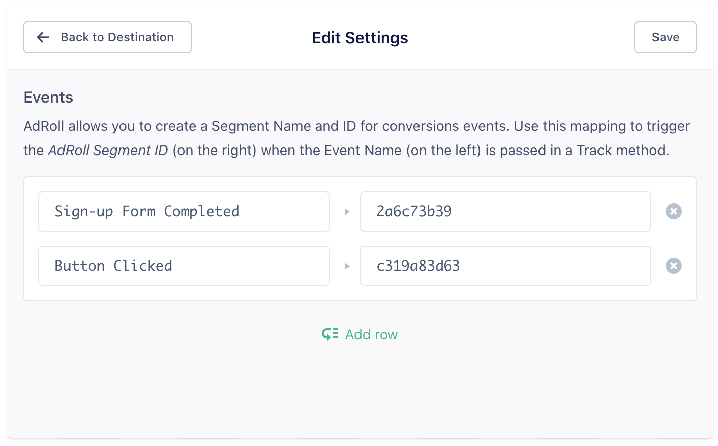 A screenshot of the Events settings in the Adroll destination settings within Segment, with two custom events, Sign-up Form Completed and Button Clicked.