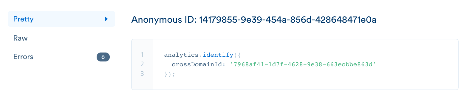 Code snippet showing analytics identify call with crossDomainId.