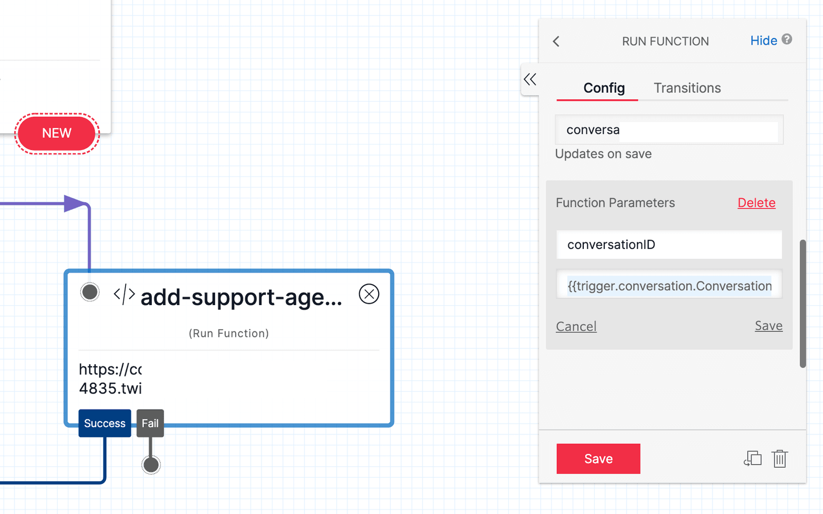 Twilio Studio Tutorial Conversations Run Function Widget on Canvas with Configuration panel showing Parameters.