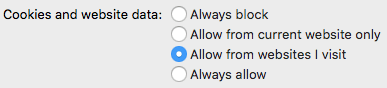 Safari cookie settings with 'Allow from websites I visit' selected.
