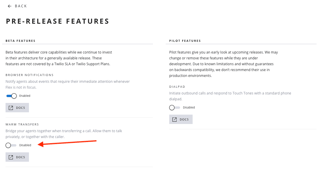 Pre-release features page with beta and pilot options, including browser notifications and warm transfers.