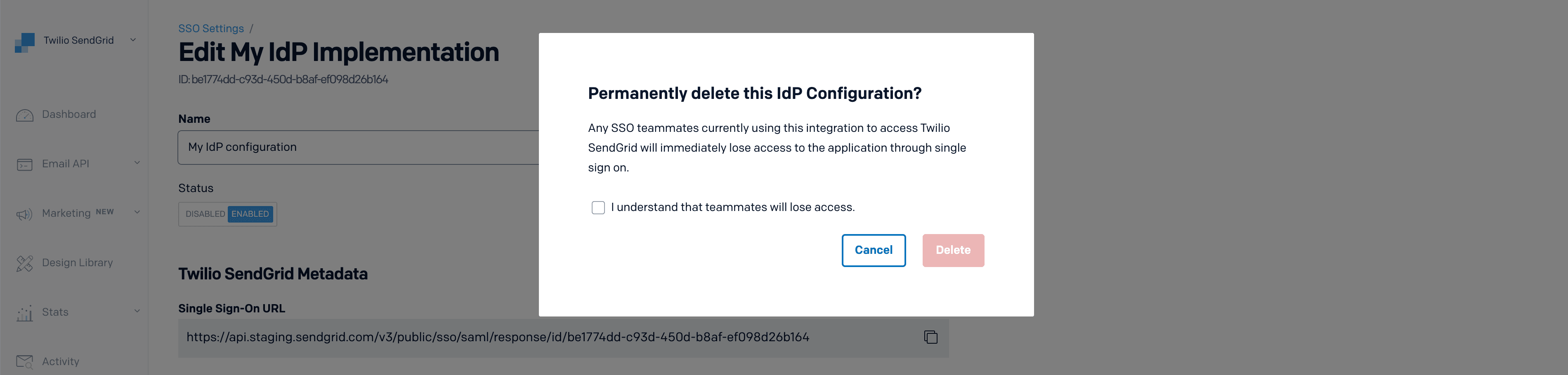 Confirmation modal to permanently delete IdP configuration with warning about SSO access loss.