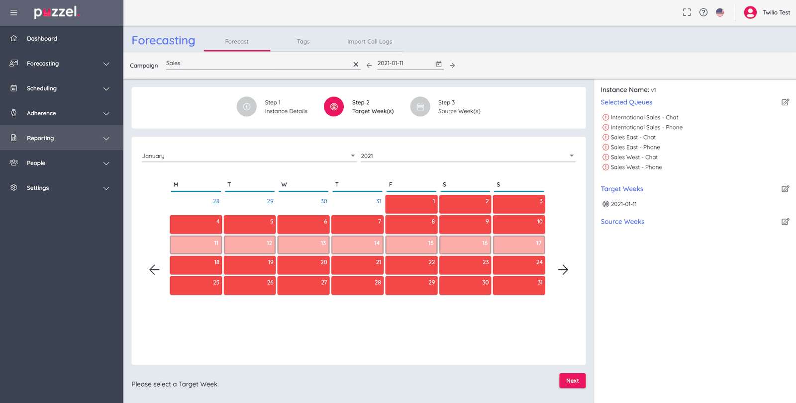 Puzzel WFM Step 2: Select target week for sales forecasting with calendar view.