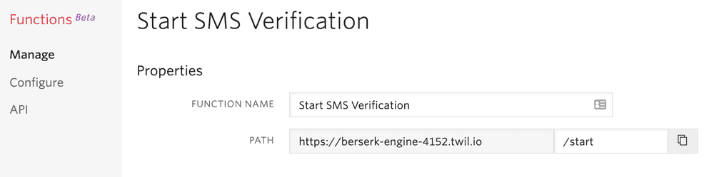 Web form for Start SMS Verification with fields for Function Name and Path URL.