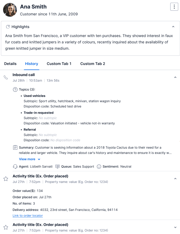 FLex UI with wrap-up notes in the customer history tab.