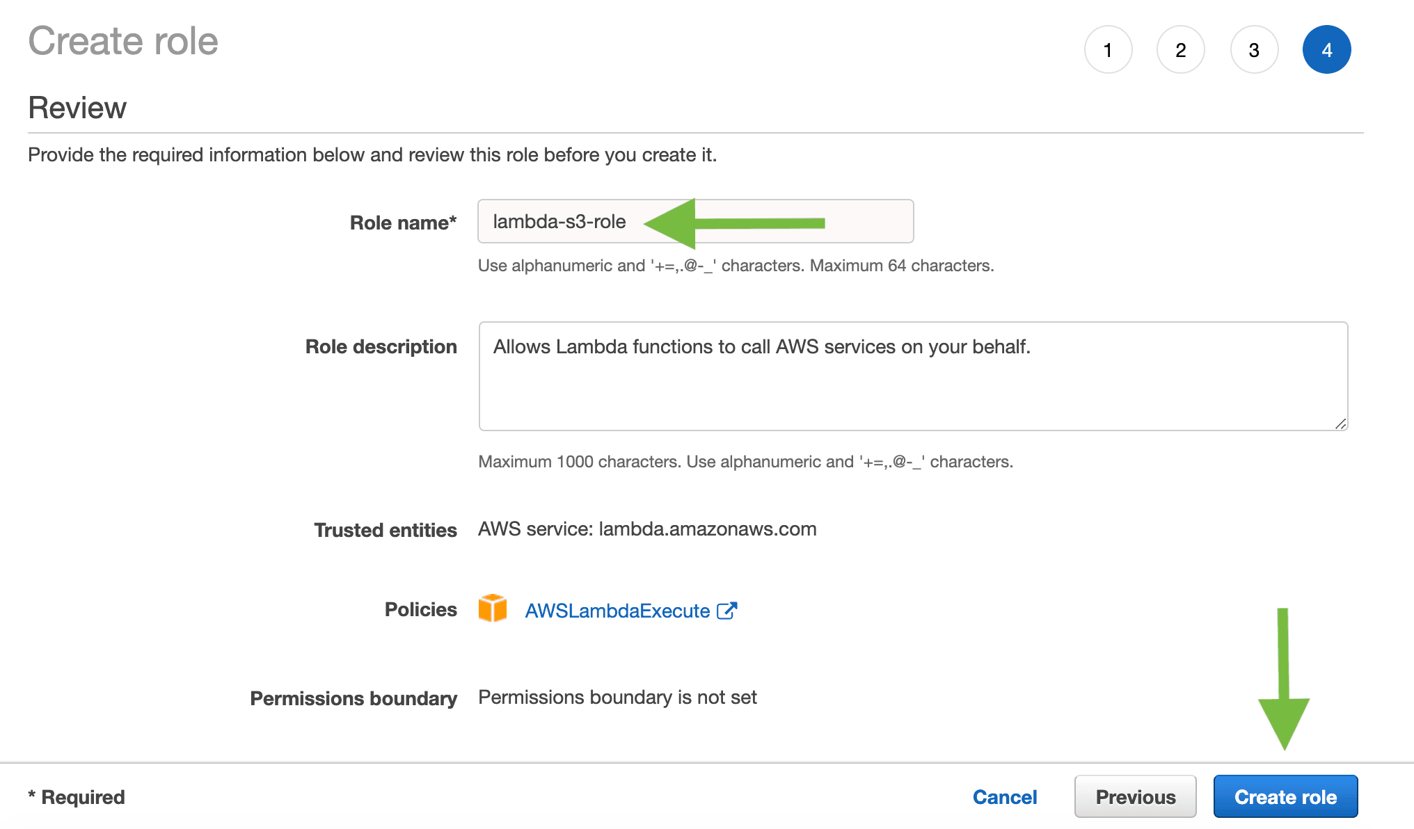 Set the role name to lambda-s3-role.