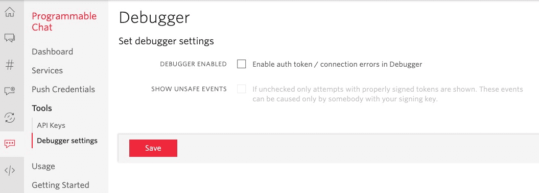 Debugger settings with options to enable auth token errors and show unsafe events.