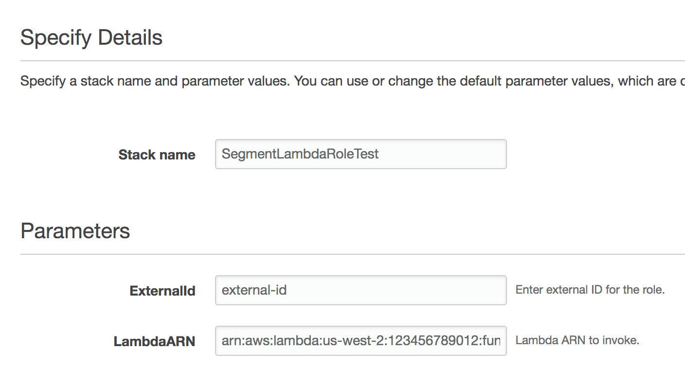 A screenshot of the Specify Details page in the AWS Cloud Formation setup, with the LambdaARN value present.