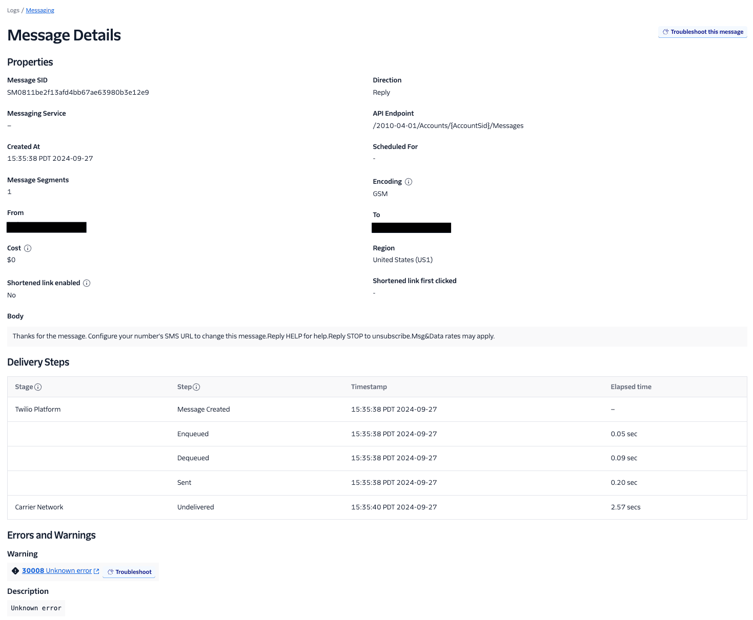 Message details log with properties, delivery steps, and error warnings for a Twilio message.