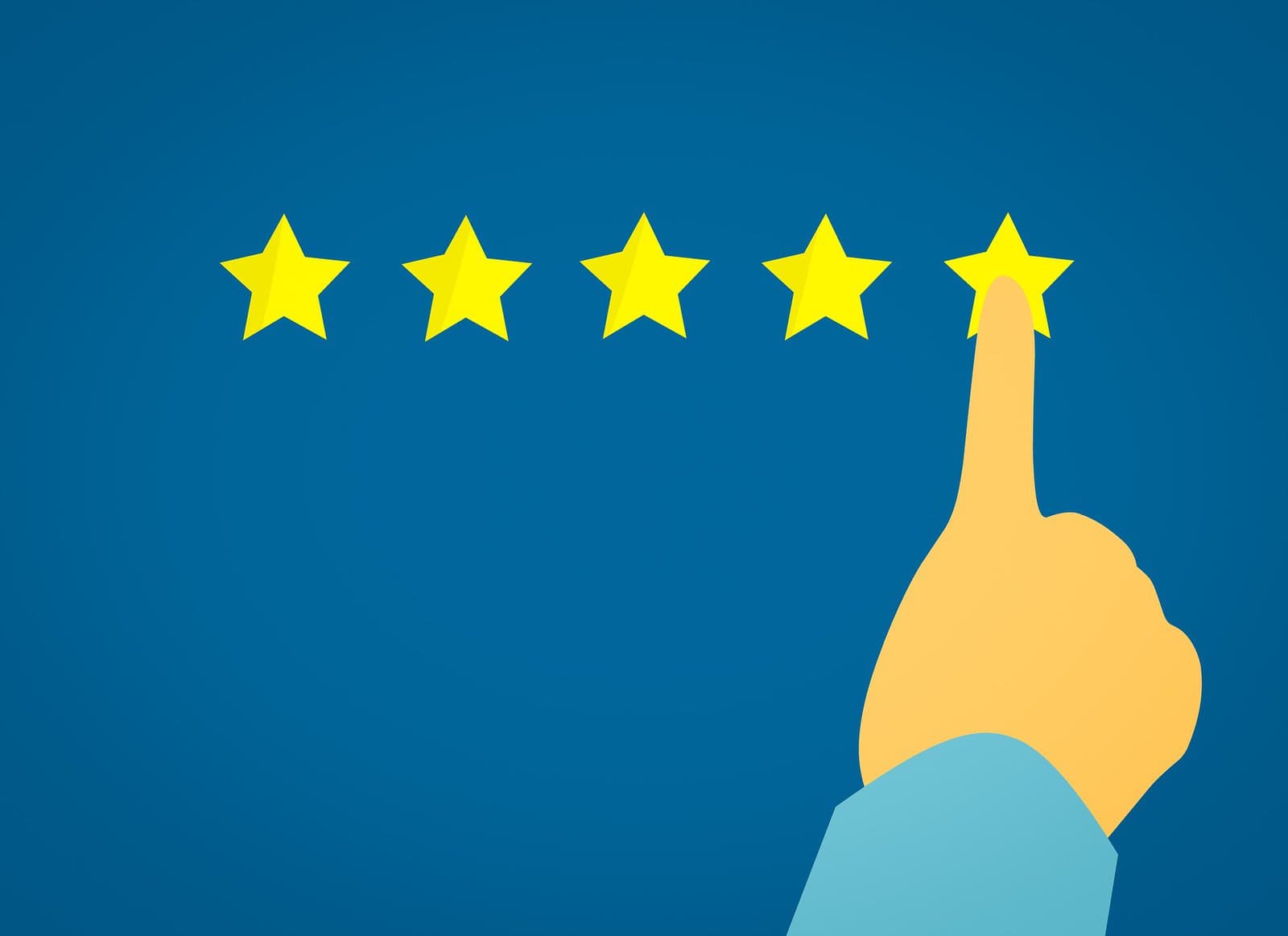Hand pointing at a five-star rating on a blue background.