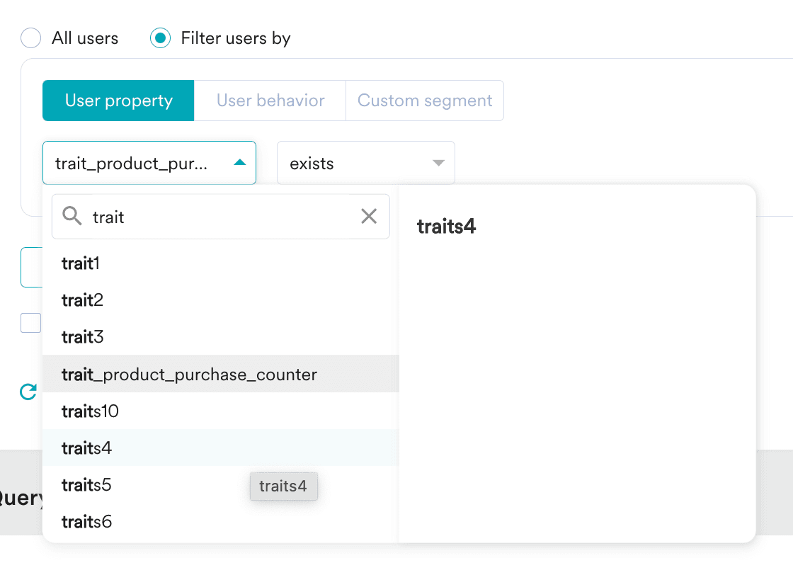 Screenshot of User property filter in MoEngage UI.