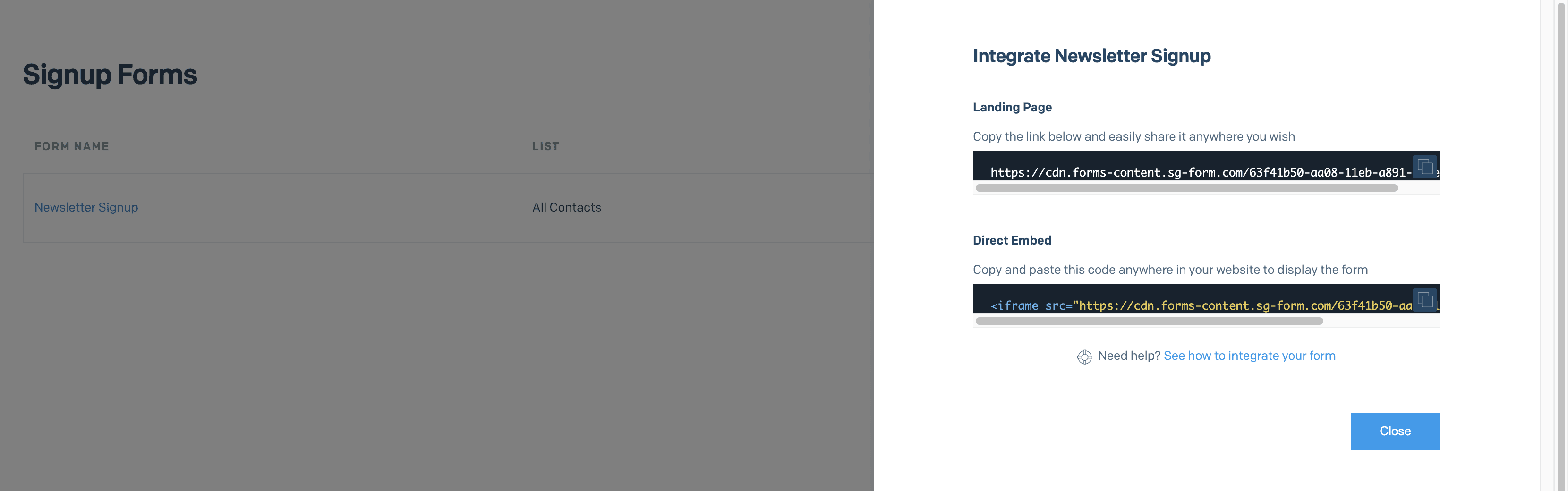 The signup form's share modal.