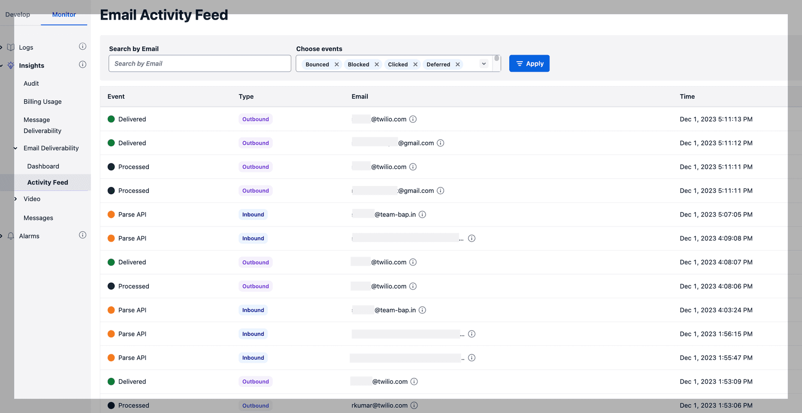Email activity feed showing events like delivered and processed with timestamps.