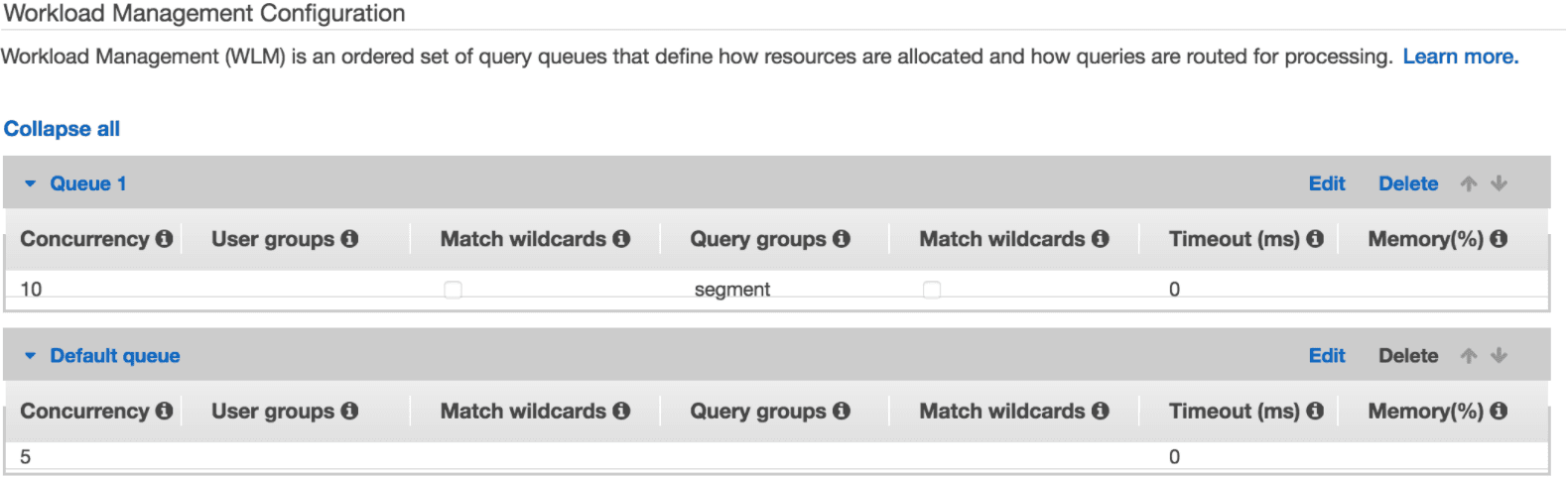 Screenshot of the Workload Management Configuration settings page in AWS with a named queue, Queue 1, and the default queue present.