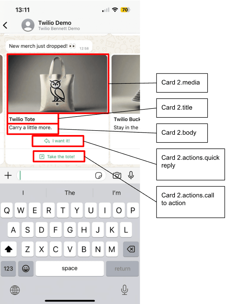 Messaging app showing a carousel with a Twilio Tote bag, title, description, and action buttons.