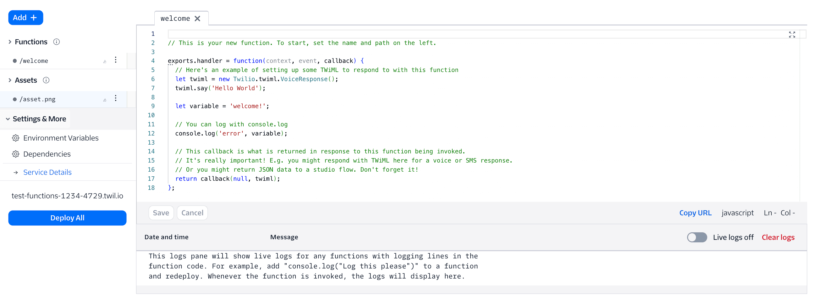 Twilio Functions Console showing code editor with example TwiML function and logs pane.