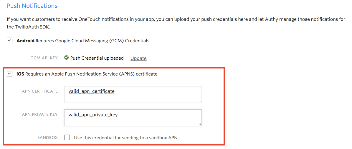 IOS push notification setup with APNS certificate and private key fields.