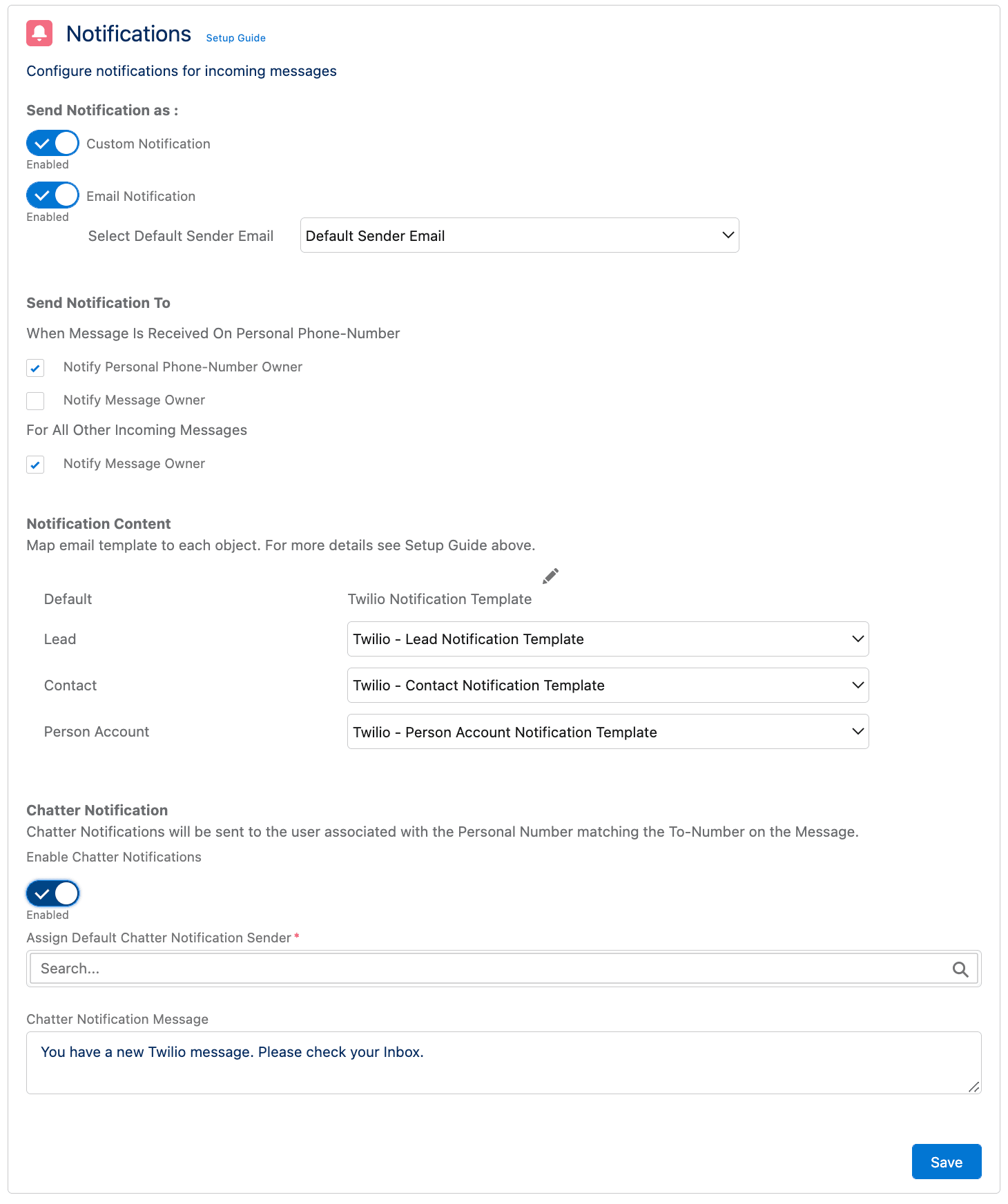 Notification settings for incoming messages with options for email and custom notifications.