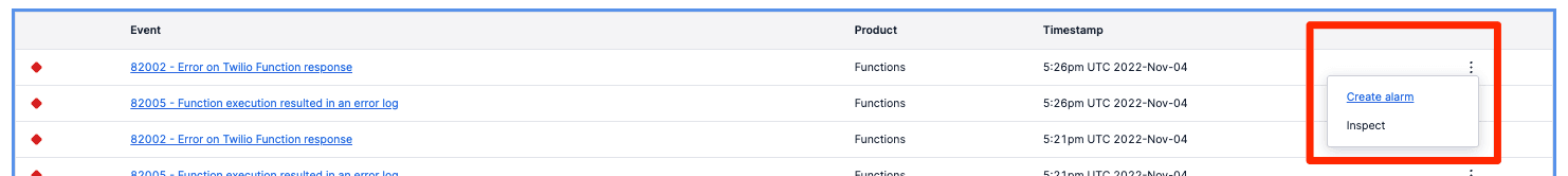 Demonstration of clicking the three dots menu for an error and accessing the Create alarm option.