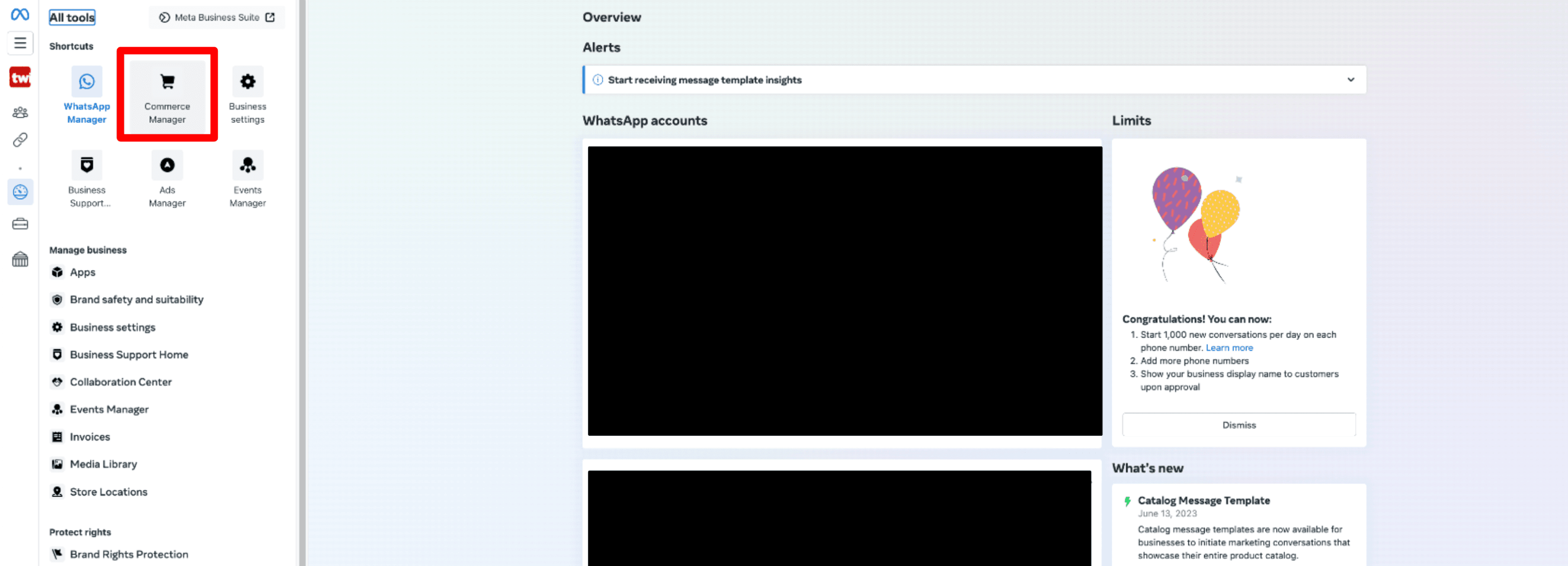 Meta Business Suite showing Commerce Manager shortcut and WhatsApp account limits.