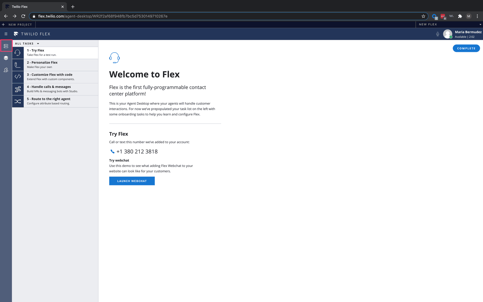 Twilio Flex welcome screen with tasks and contact options.