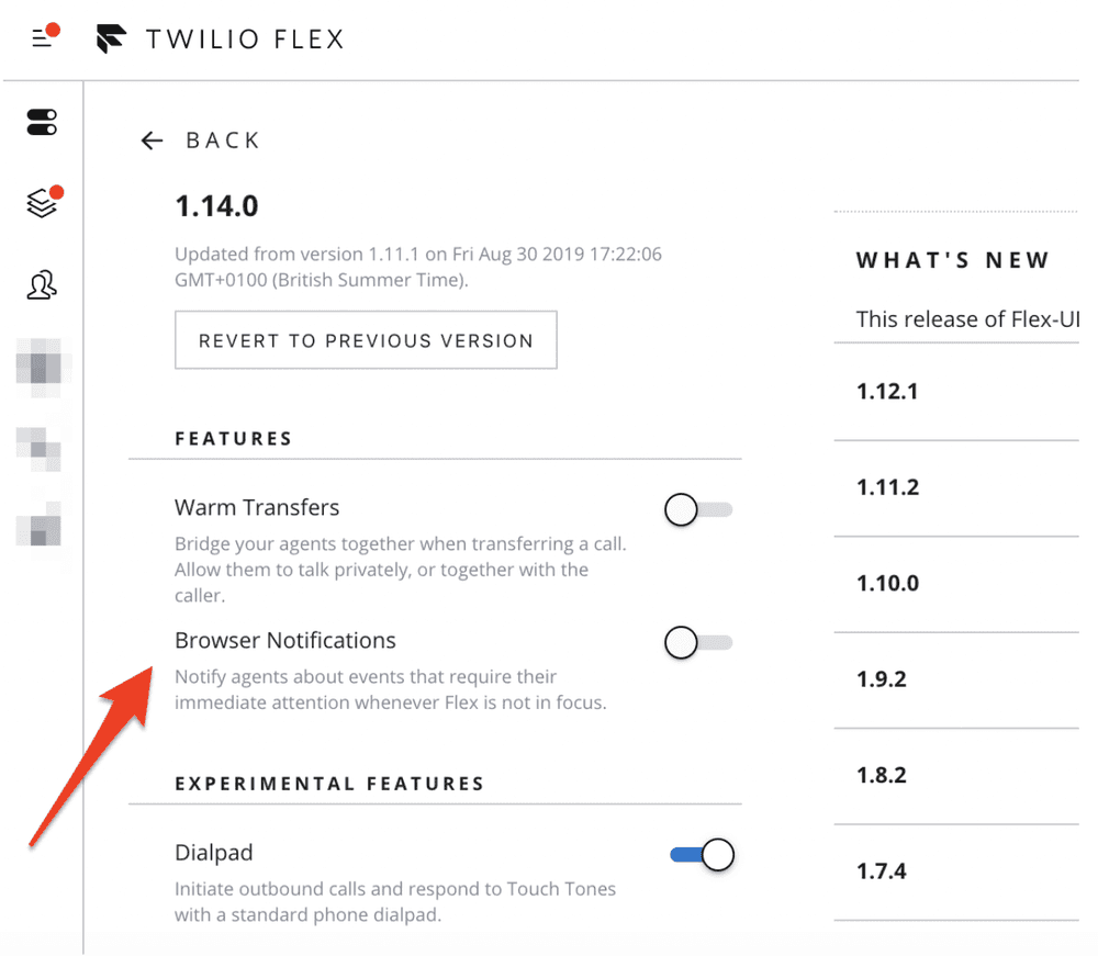Twilio Flex 1.14.0 release notes highlighting browser notifications feature.