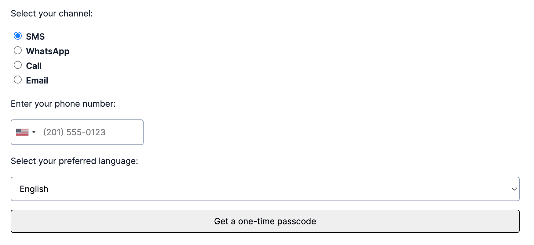 otp code exchange template view with phone number input and channel selection.