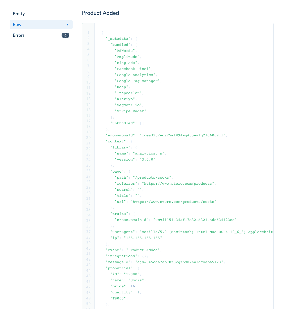 JSON data showing a product added event with cross-domain ID and metadata for analytics tools.