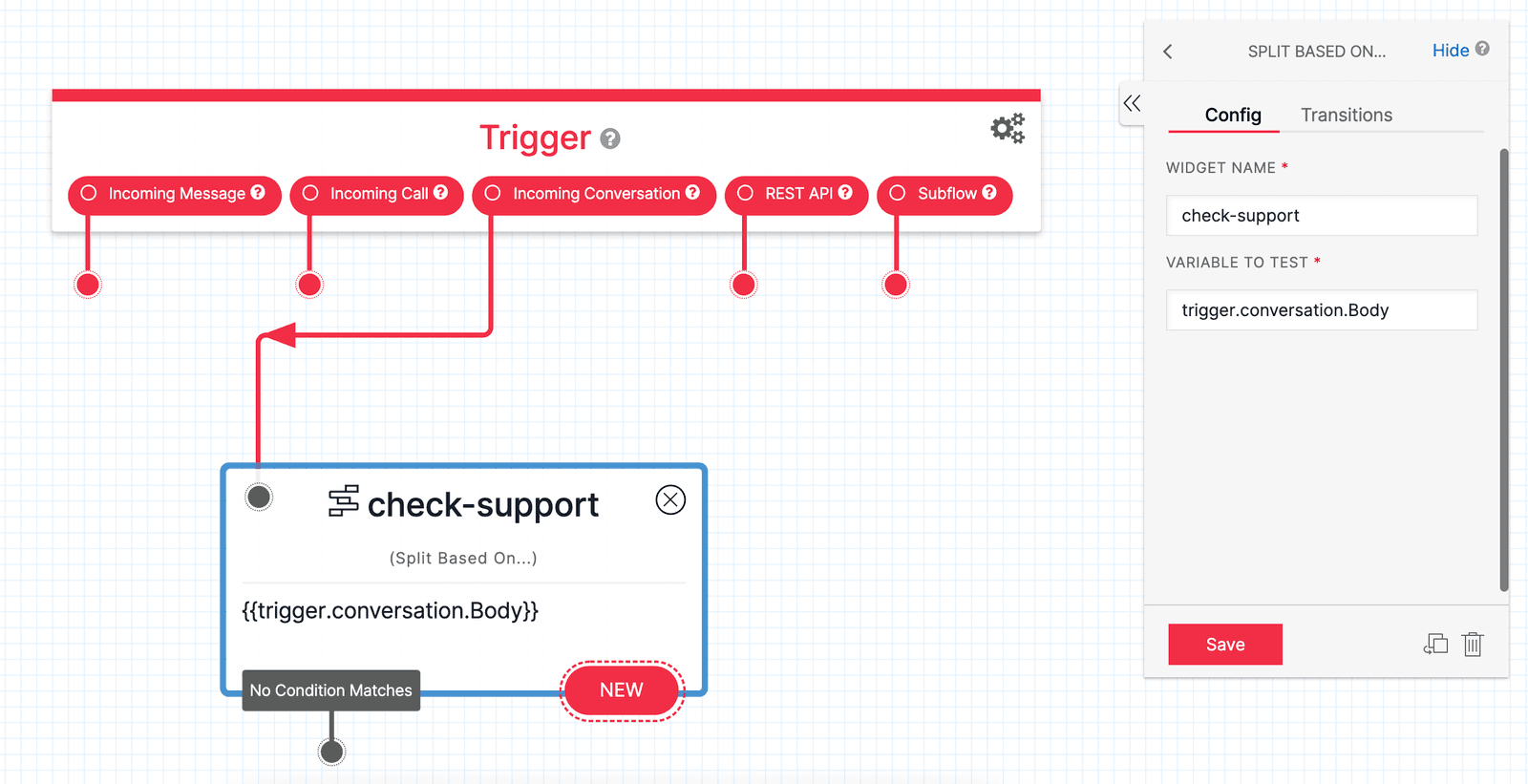 Twilio Studio Tutorial Using Conversations Split Based On Widget... on the Canvas checking the Liquid variable for the support keyword.