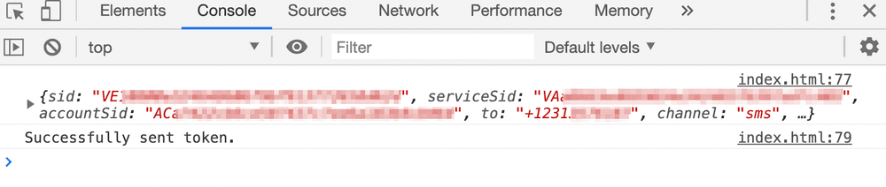 Console output showing successful token sent via SMS to a phone number.