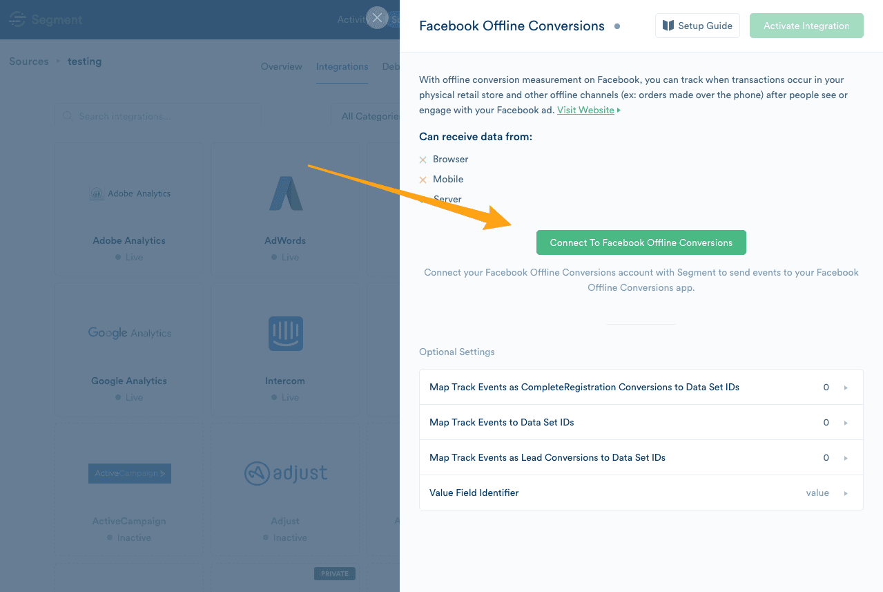 A screenshot of the Facebook Offline Conversions page in the Segment app.