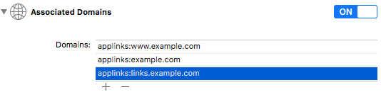 Associated Domains settings with three example app links.