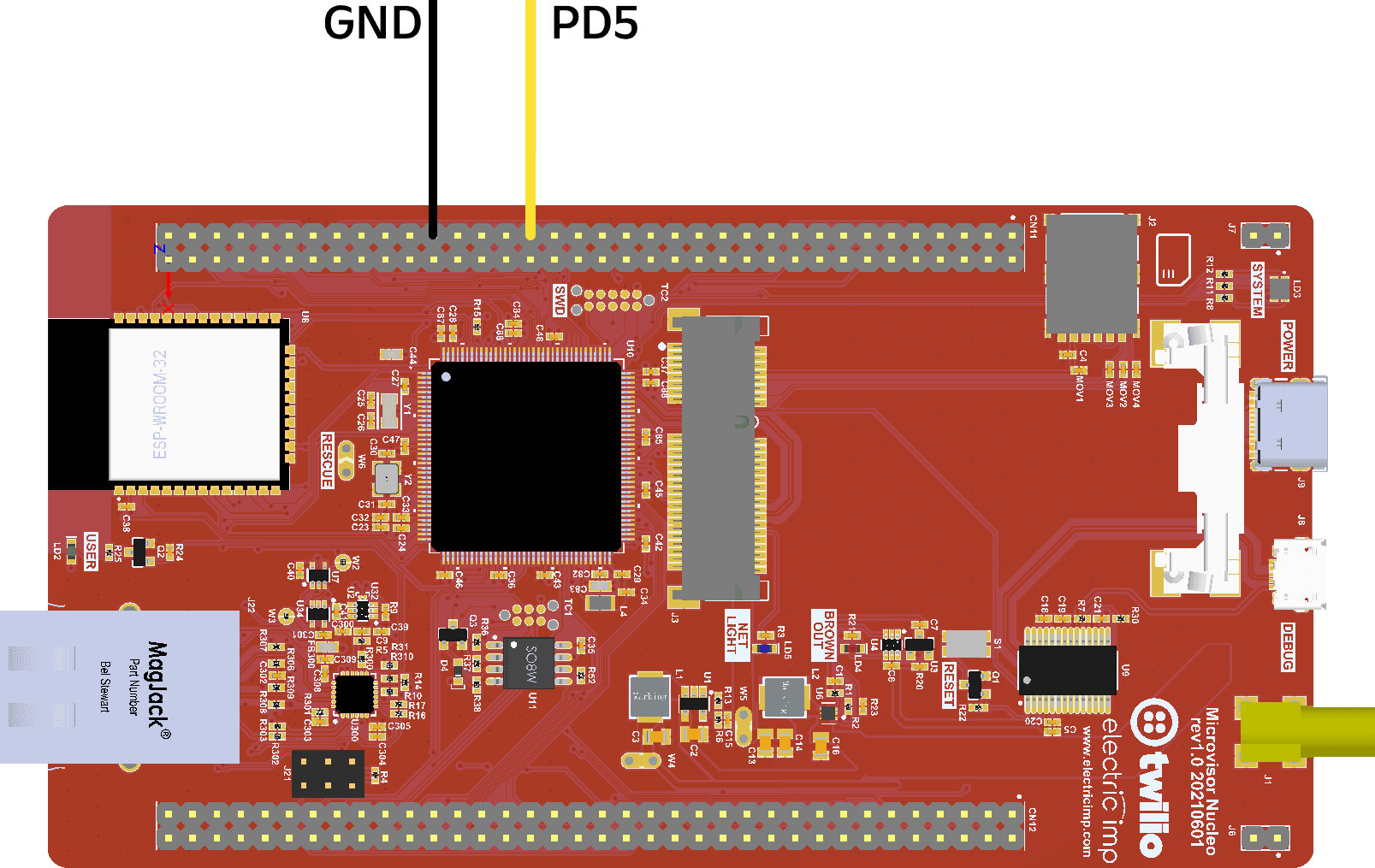Microvisor pins 49 and 41, left to right, used for the sample UART connection.