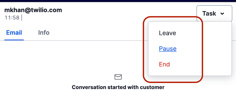 Task dropdown with options: Leave, Pause, End.