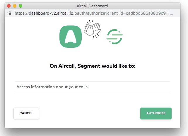 Screenshot of the Aircall Authorize popup.