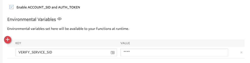 Environment Variables form with fields for VERIFY_SERVICE_SID key and masked value.